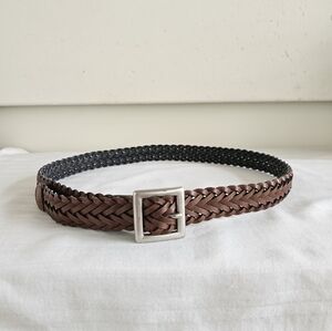 Brown Leather Braided belt, brushed silver square buckle, 38"/95 cm long